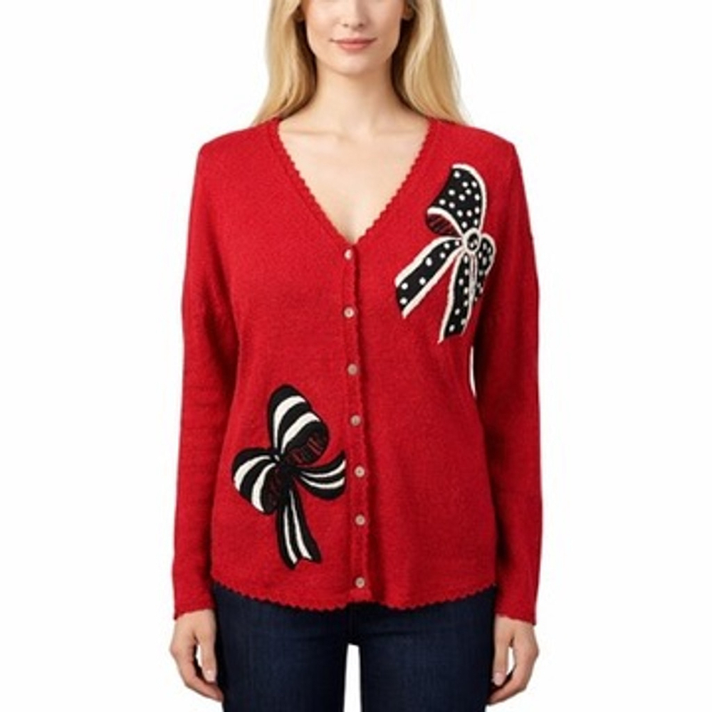 Vintage Susan Bristol Red Button Cardigan Embroidered Bows V-Neck Cute Size M